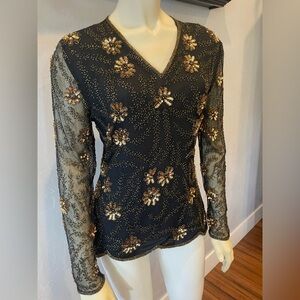 Vintage silk Embellished Black and Gold sheer sleeve Women's Top size small